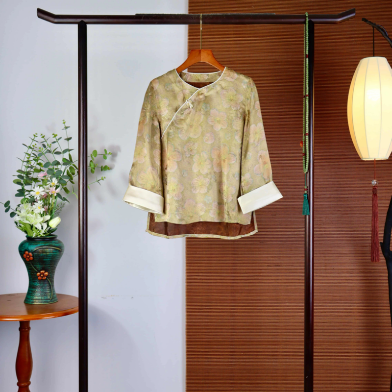 【琉璃浅梦】高端新中式中国风香云纱提花圆领斜襟长袖小上衣