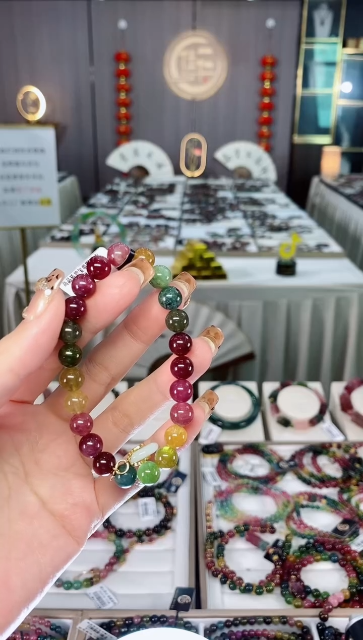 老矿碧玺油料色标彩虹单圈手串8mm+未镶嵌碧玺dan多样性发货一条