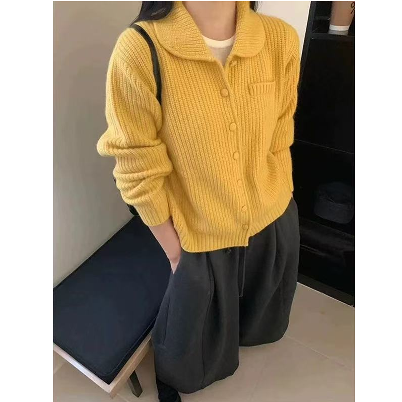 秋冬翻领韩系针织衫纯色百搭减龄开衫毛衣女1479