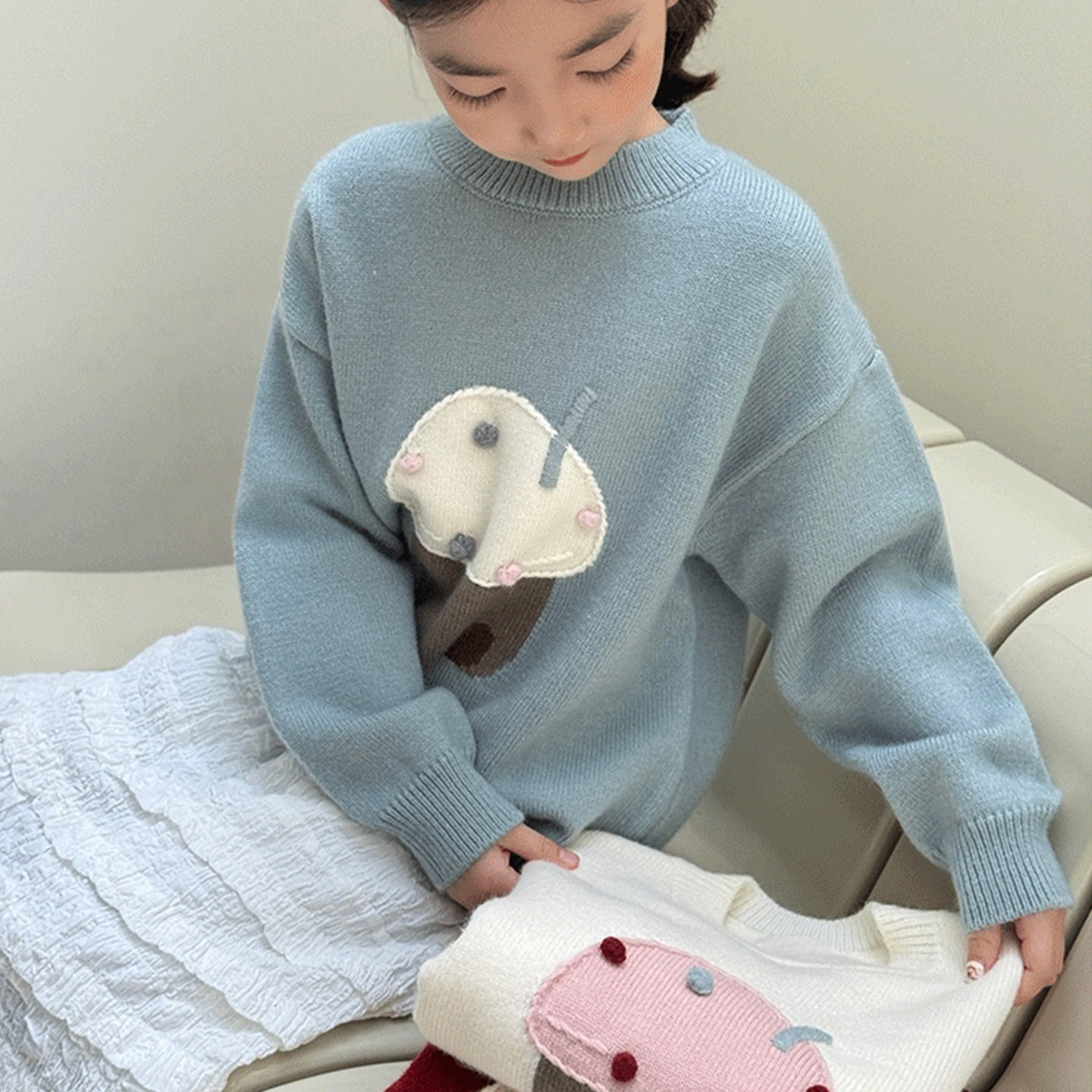 2025韩版针织衫套头圆领蘑菇提花保暖毛衣M25446