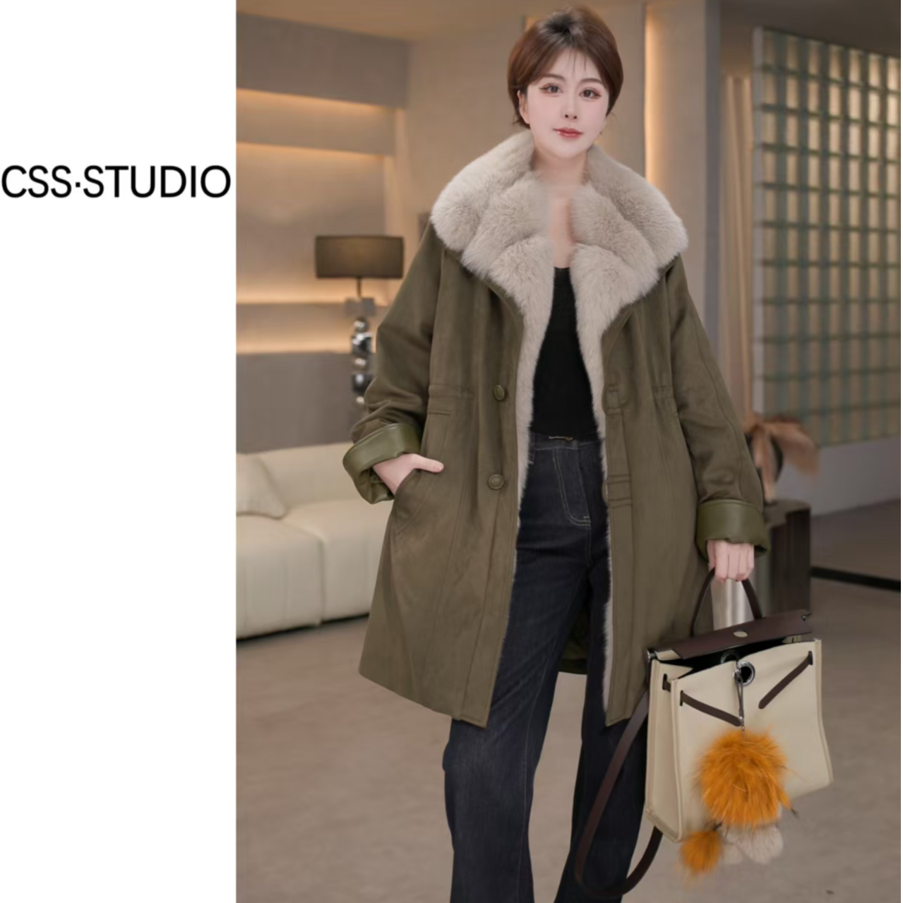 【ou.y思思】2025保暖中长款芬兰狐狸毛领时尚鹅绒皮草外套 