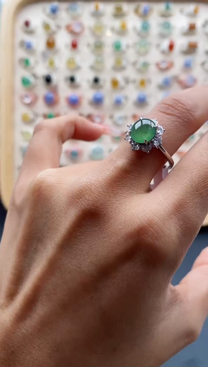 【闪购商品】翡翠戒指银S925镶嵌缅甸天然A货翡翠333 4+5