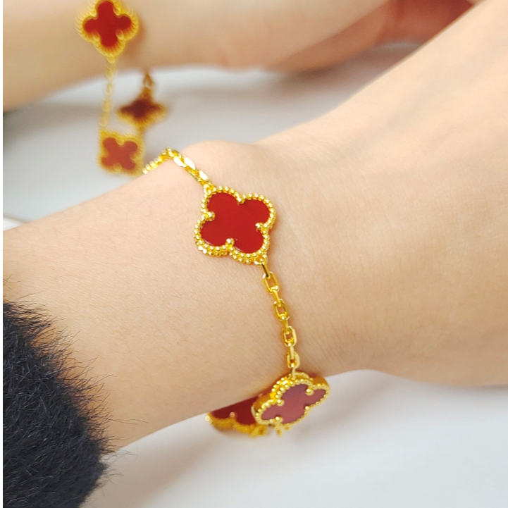 足银手链 新款五花红四叶草手链金轻奢时尚百搭简约红色小众手链