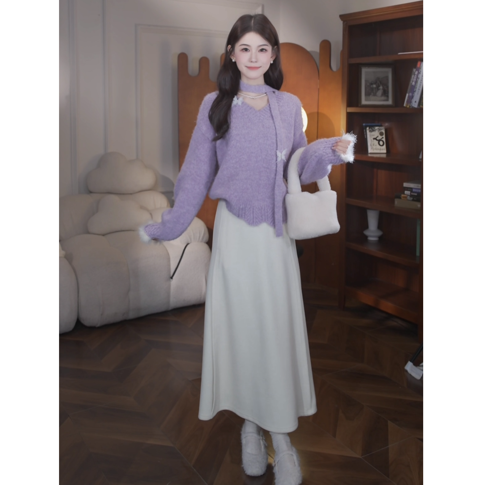 鹿向南【槿上花语】韩系慵懒风设计感飘带V领套头毛衣针织衫套装女