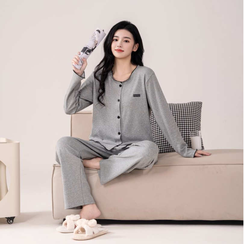 （带胸垫）秋冬季女士小香风花灰色长袖长裤家居服纯棉睡衣女套装