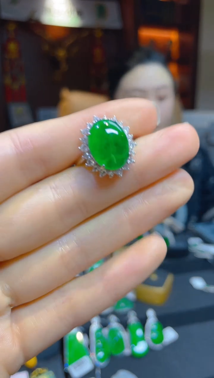 【闪购商品】翡翠戒指银S925镶嵌117471天然A货翡翠戒指