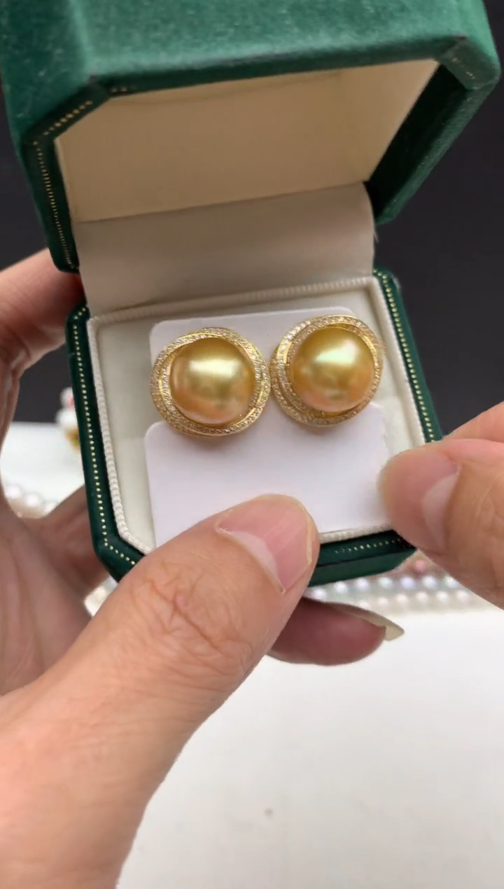 未镶嵌ff海水珍珠金珠耳饰13~14mm