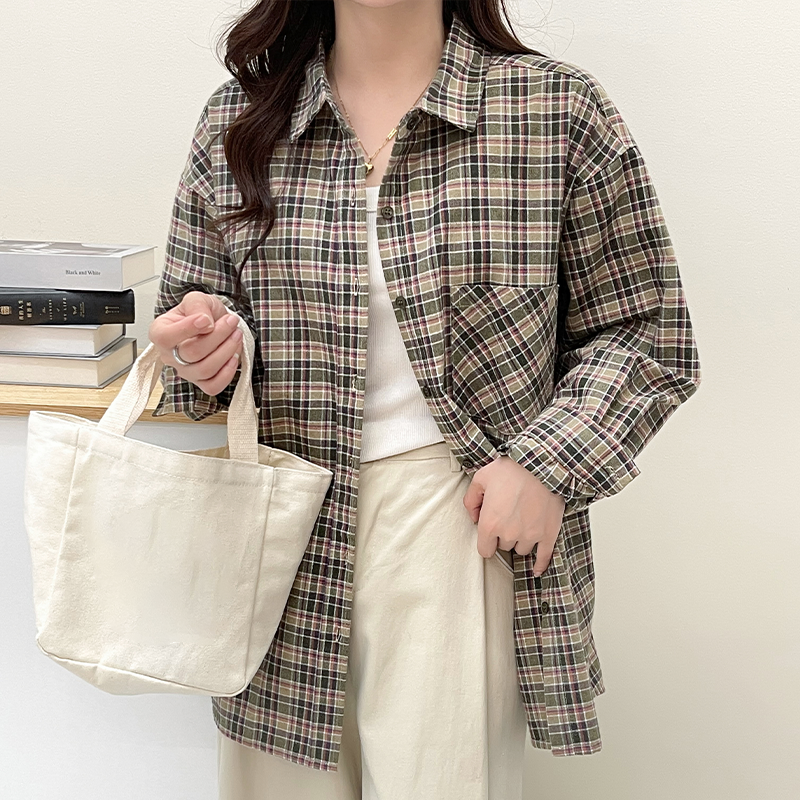 (洋气森系格子衬衫)8165春秋时尚减龄休闲经典通勤格子衬衫W