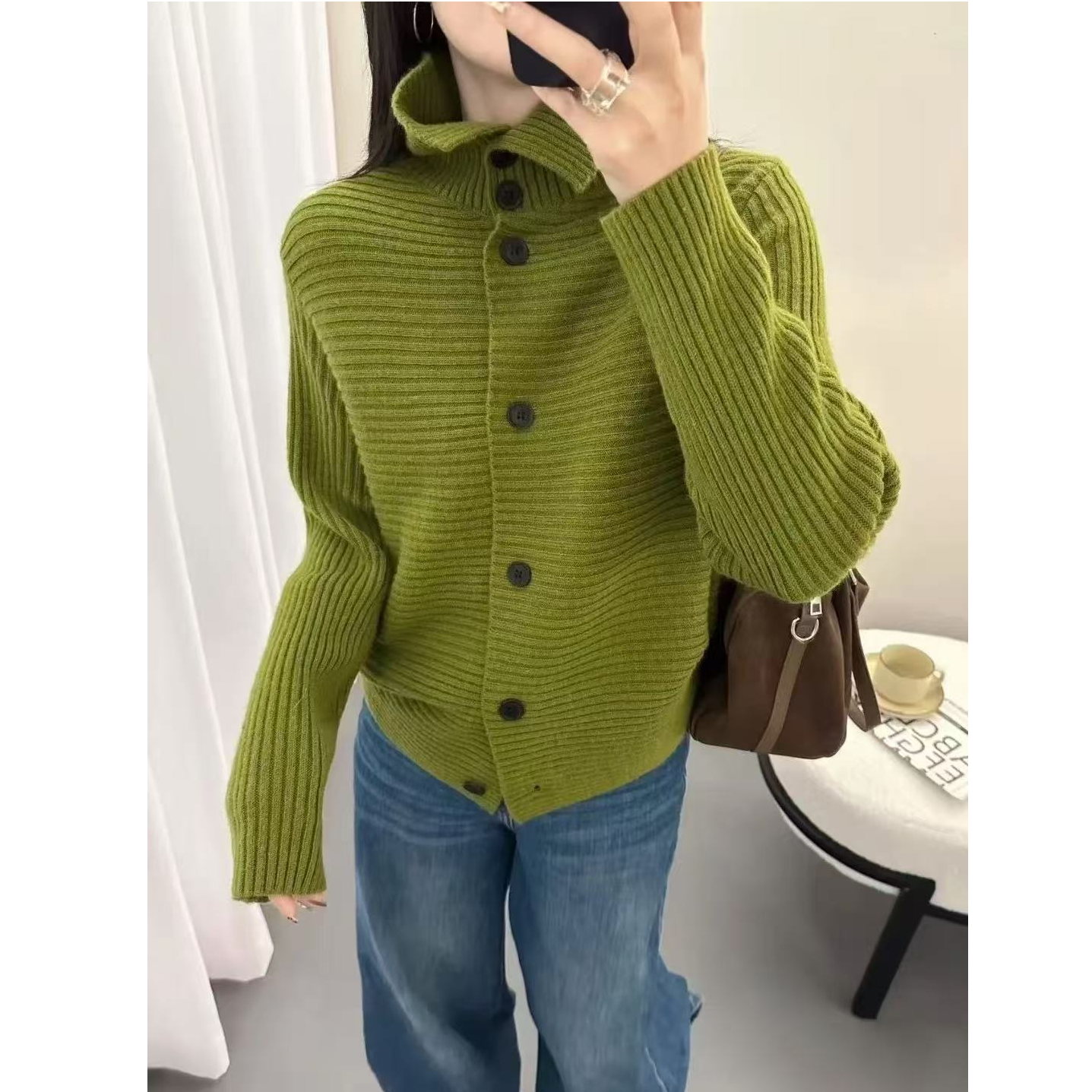 韩系老钱风高领针织开衫女秋冬季新款慵懒风休闲显瘦减龄1565