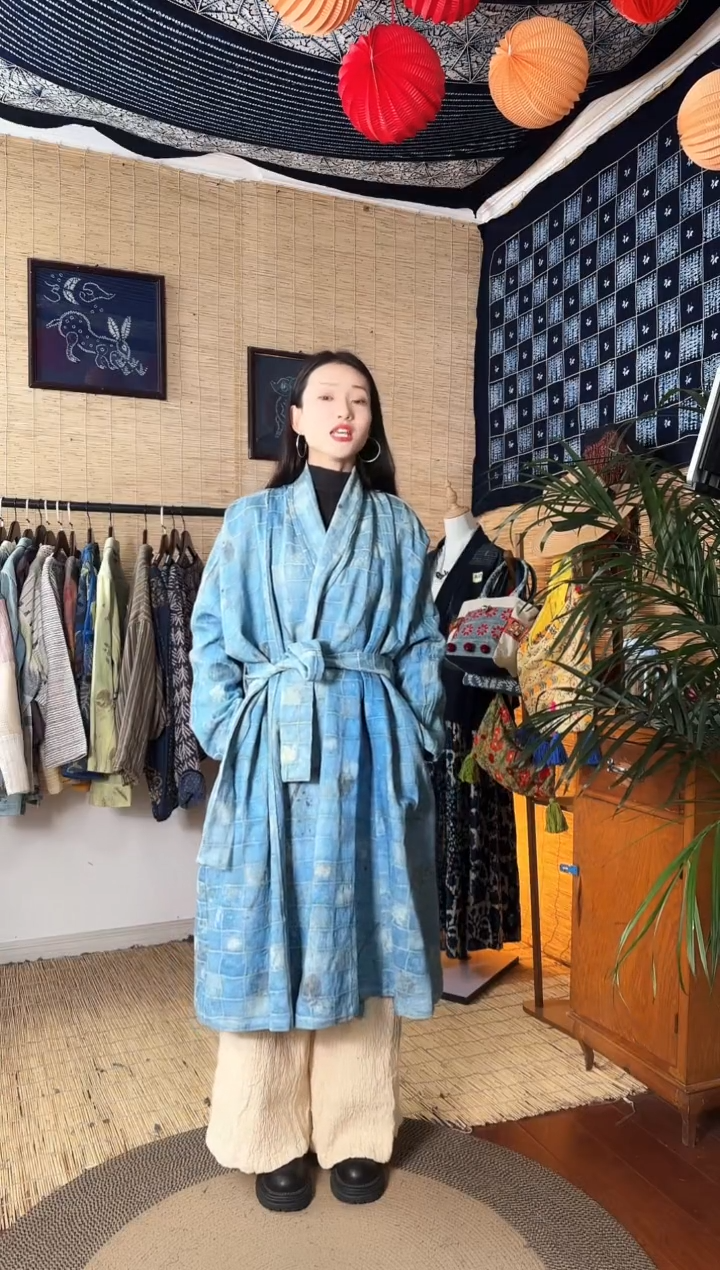 【闪购商品】设计师款蓝染腰带大衣