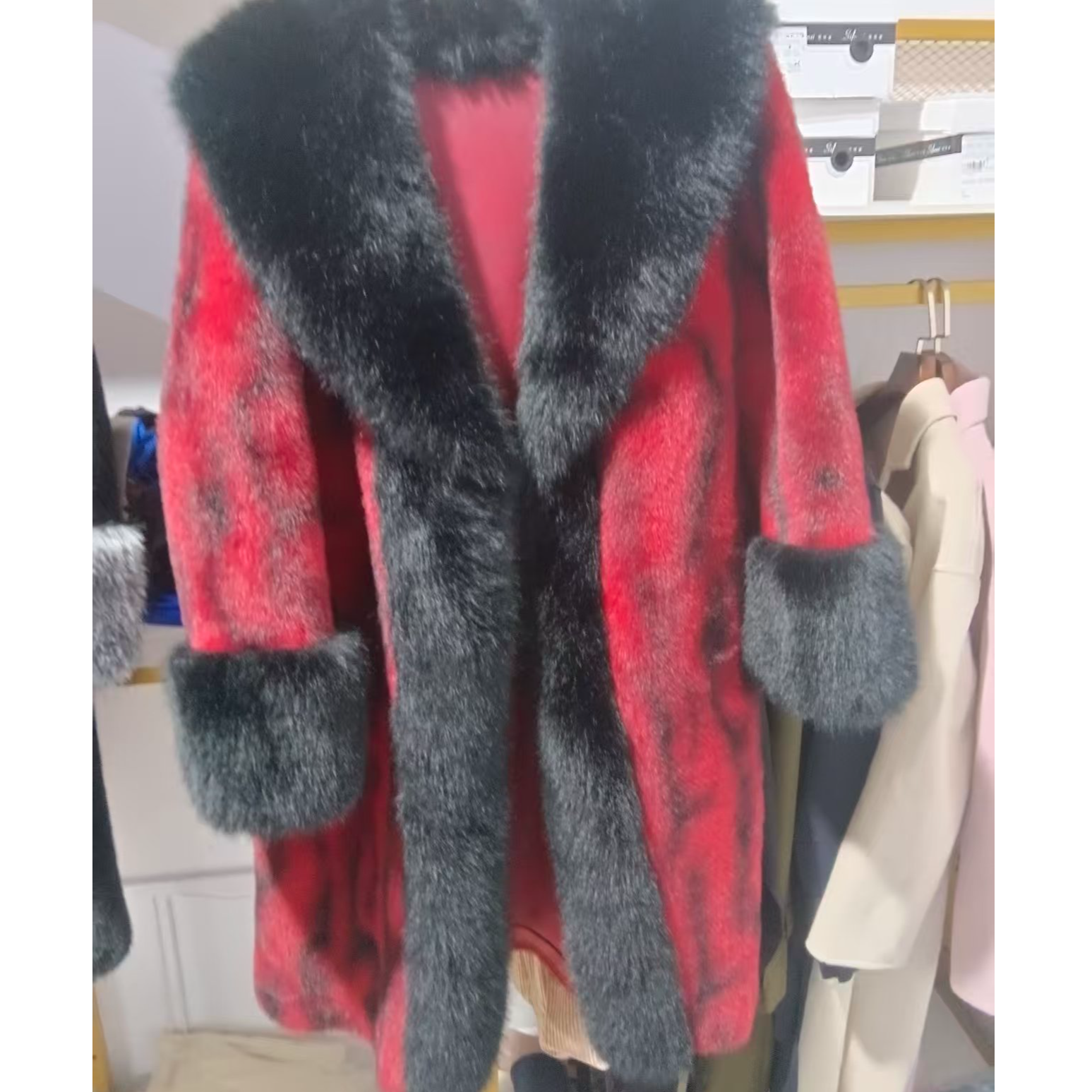 人造皮草 V领宽松型翻领风衣冬季春季中长款时尚短外套连帽