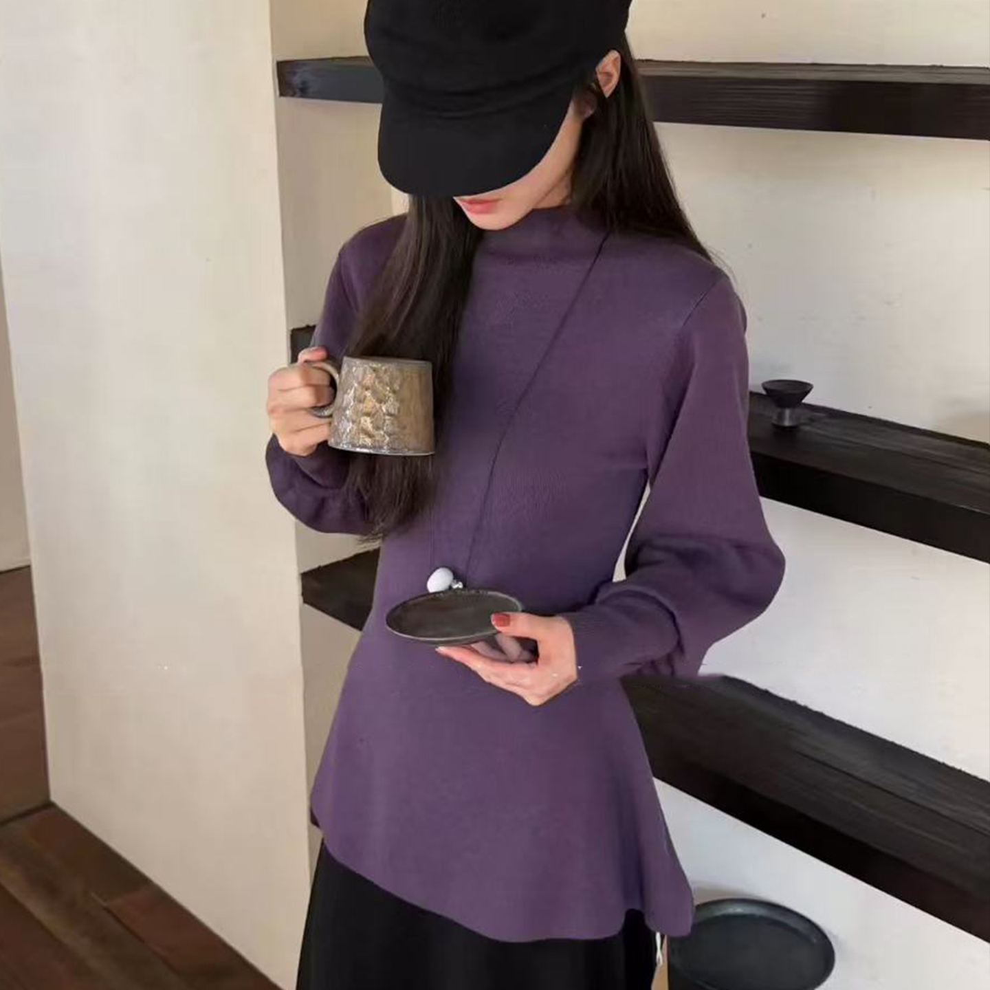 半高领灯笼袖中领打底毛衣女秋冬季内搭可外穿收腰针织衫A11125