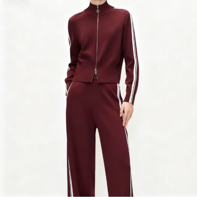 【琴姐】时尚休闲运动风针织显瘦显高撞色边直筒裤