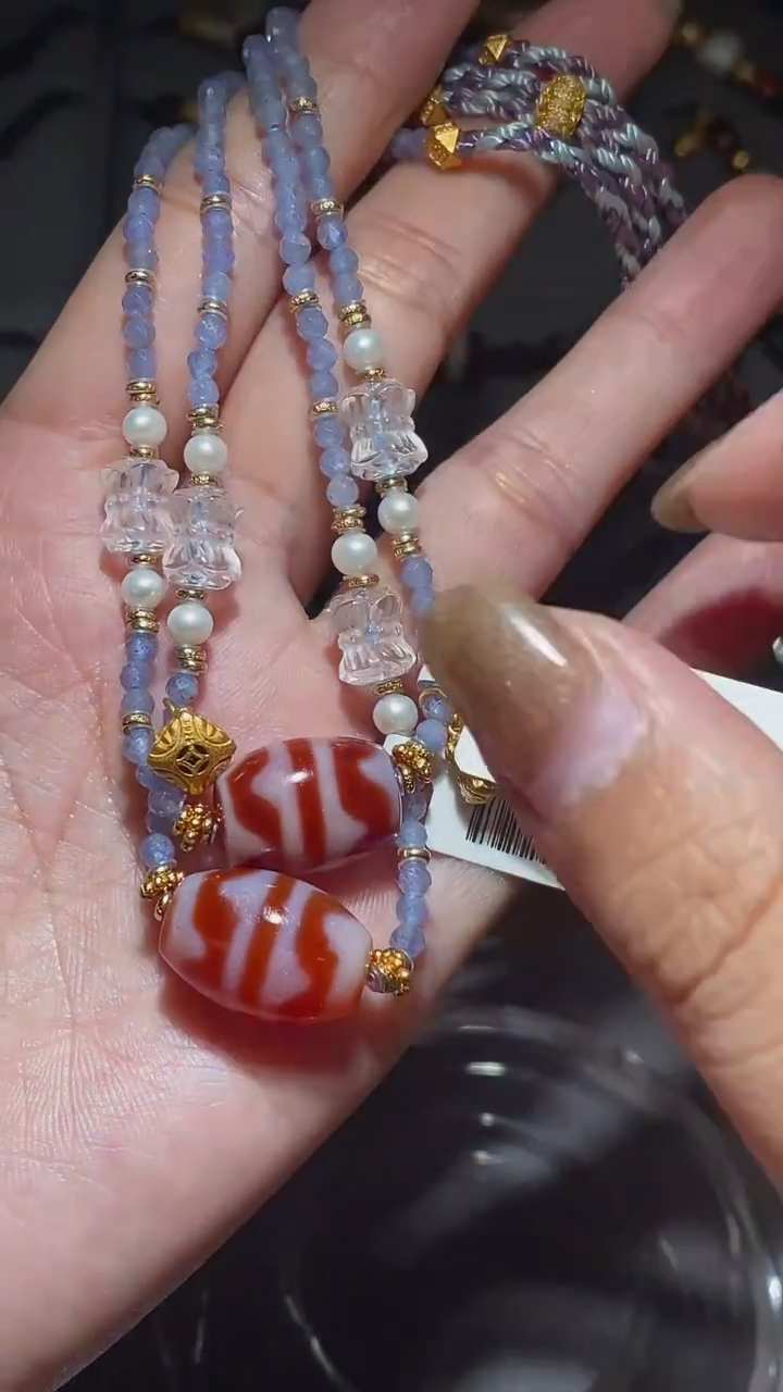 玛瑙/玉髓颈饰未镶嵌达洛红肉双牙牙锁骨链多样性发其一