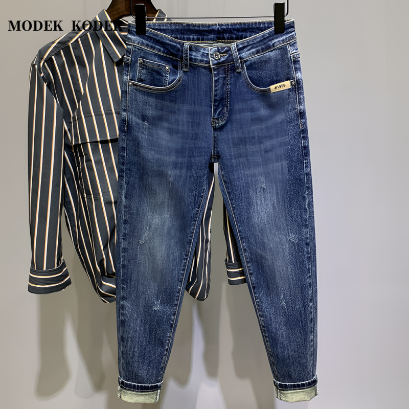 MODEK KODEK高品质修身小脚牛仔裤男士春秋休闲百搭九分复古长裤