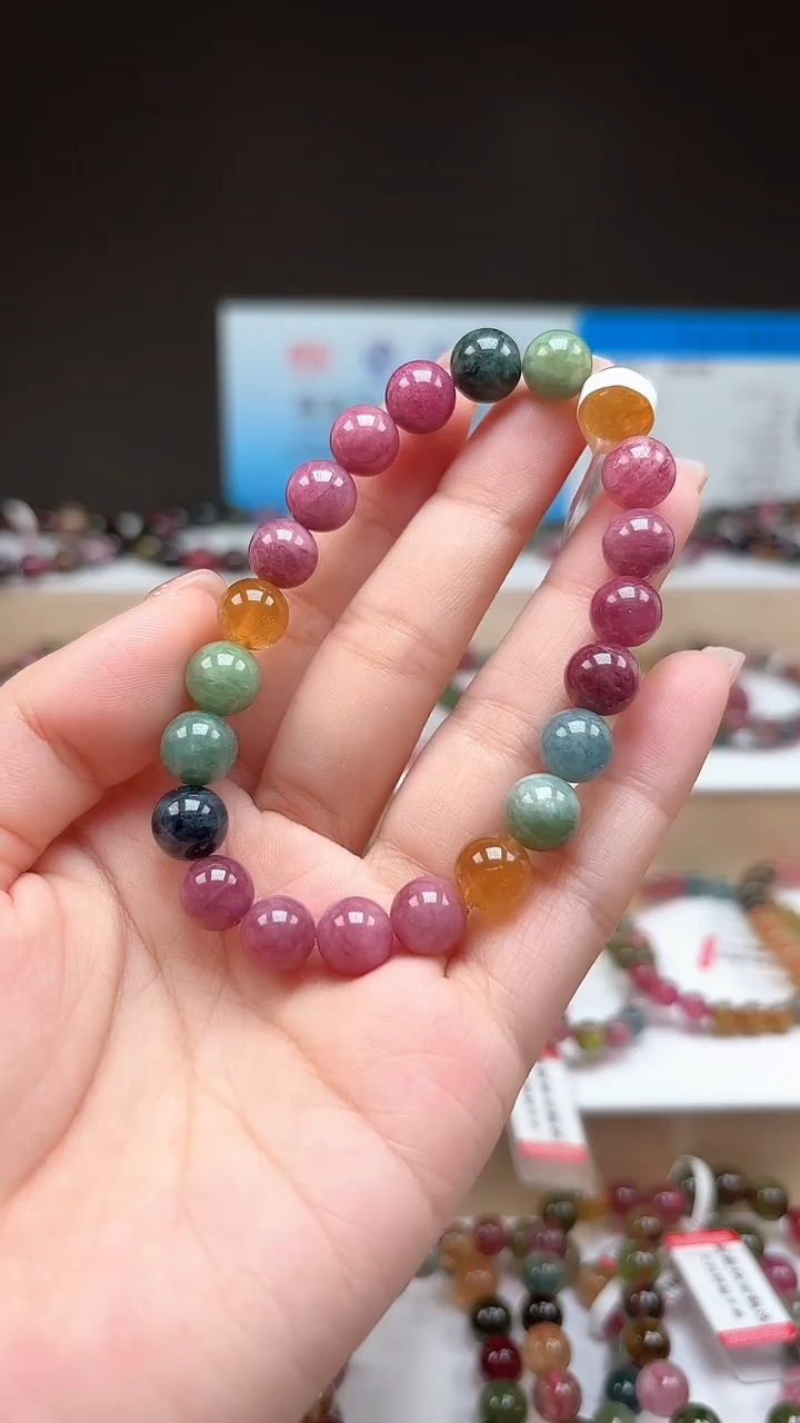 【闪购商品】碧玺手串未镶嵌8.8mm明亮彩虹色高阶油画体单圈手串