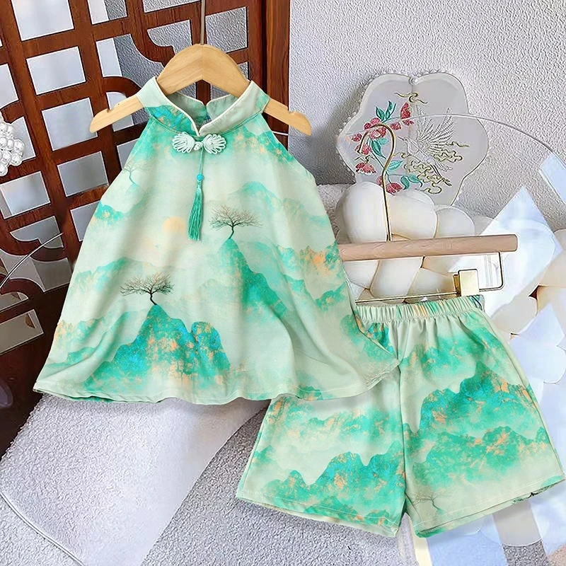 女童2025夏季国潮套装小女孩水墨流苏无袖上衣薄款民族风复古两件
