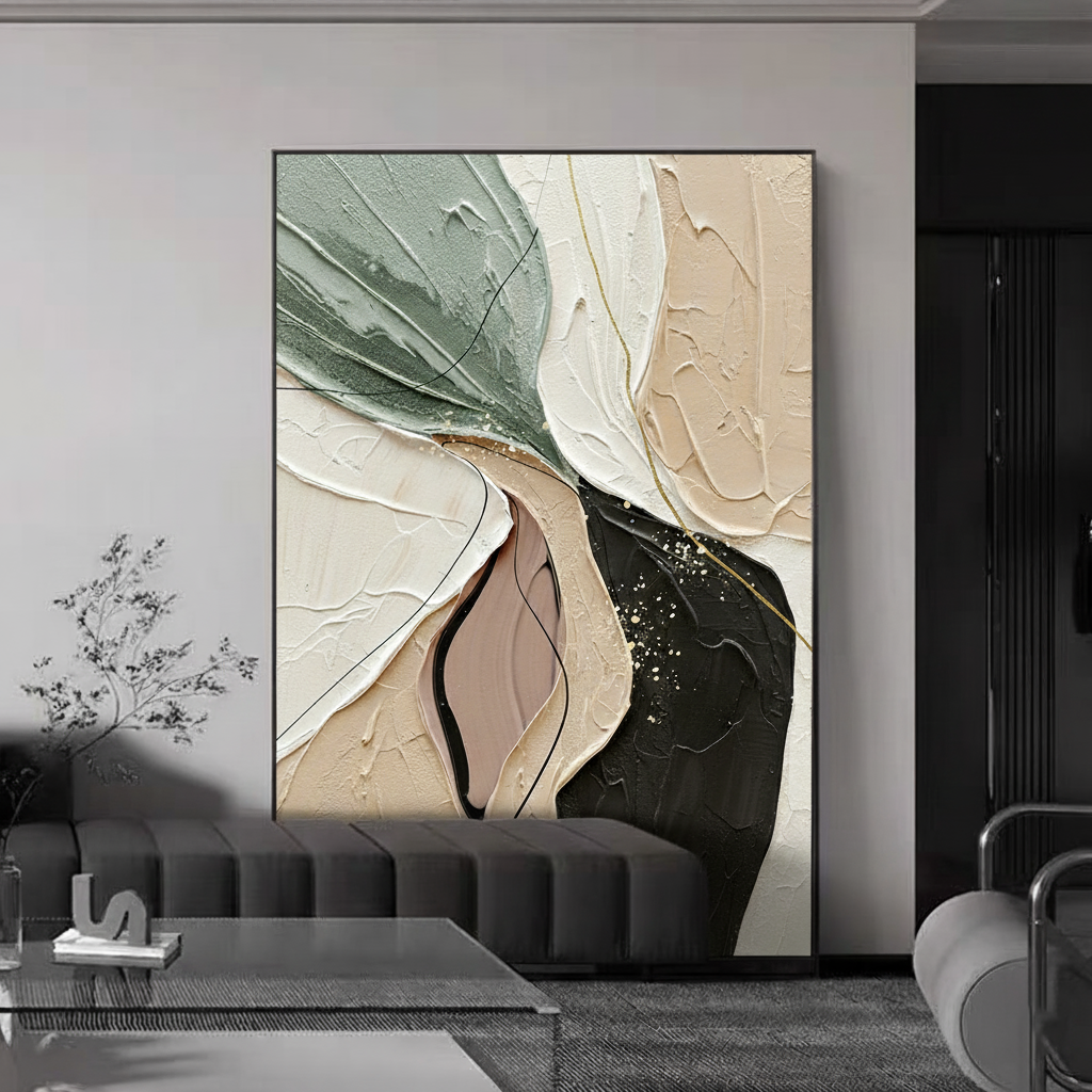 抽象肌理极简奶油色纯手绘油画玄关客厅沙发背景落地装饰画