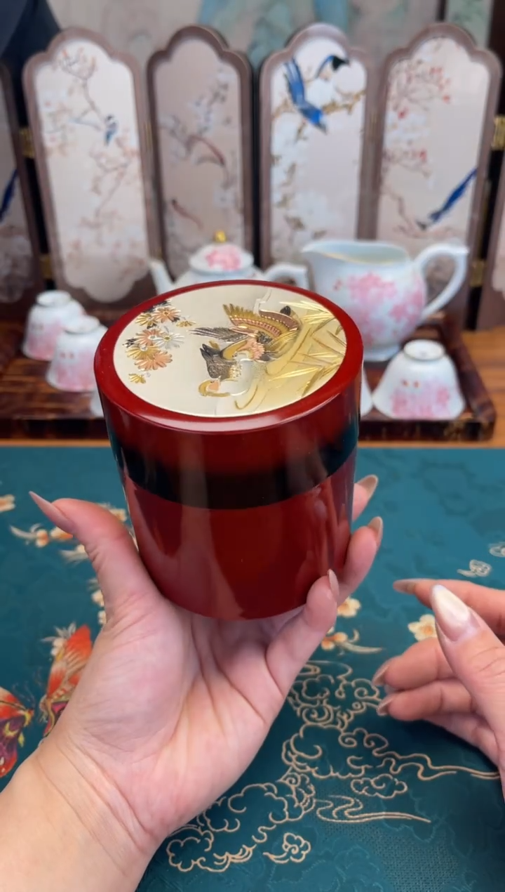 瓷片金时绘大漆茶叶罐