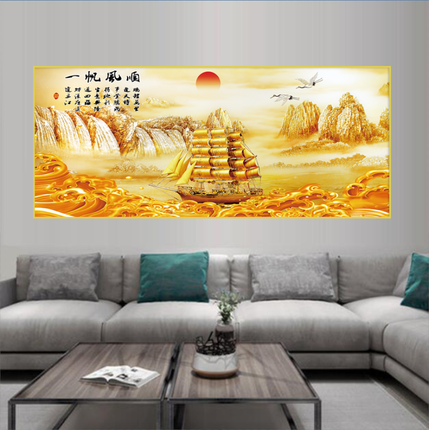 一帆风顺满载而归客厅沙发横幅高端大气晶瓷晶钻玄关装饰晶瓷画