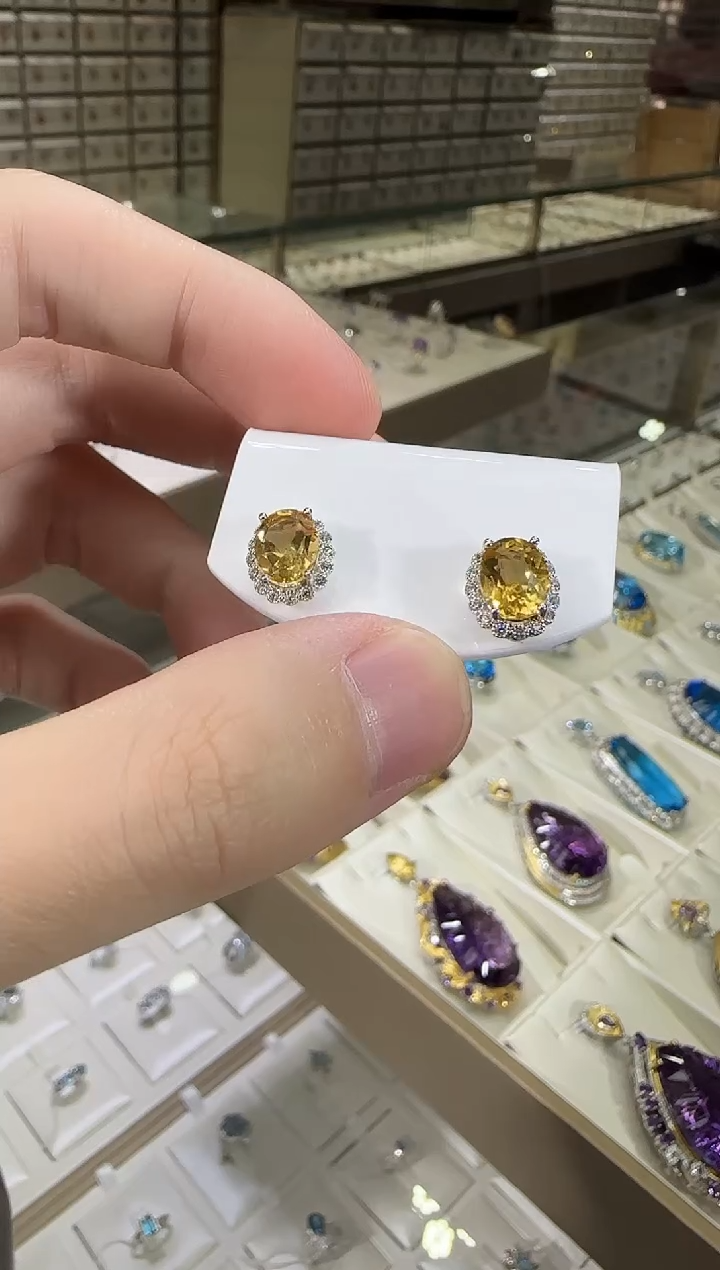 银S925镶嵌耳饰黄晶9*7mm耳钉