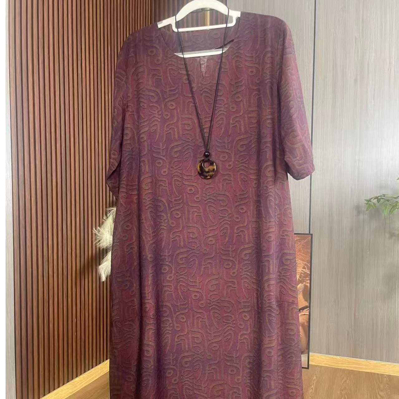 红吉祥短袖夏季格纹宽松腰不褪色连衣裙女装宽松国风中长款