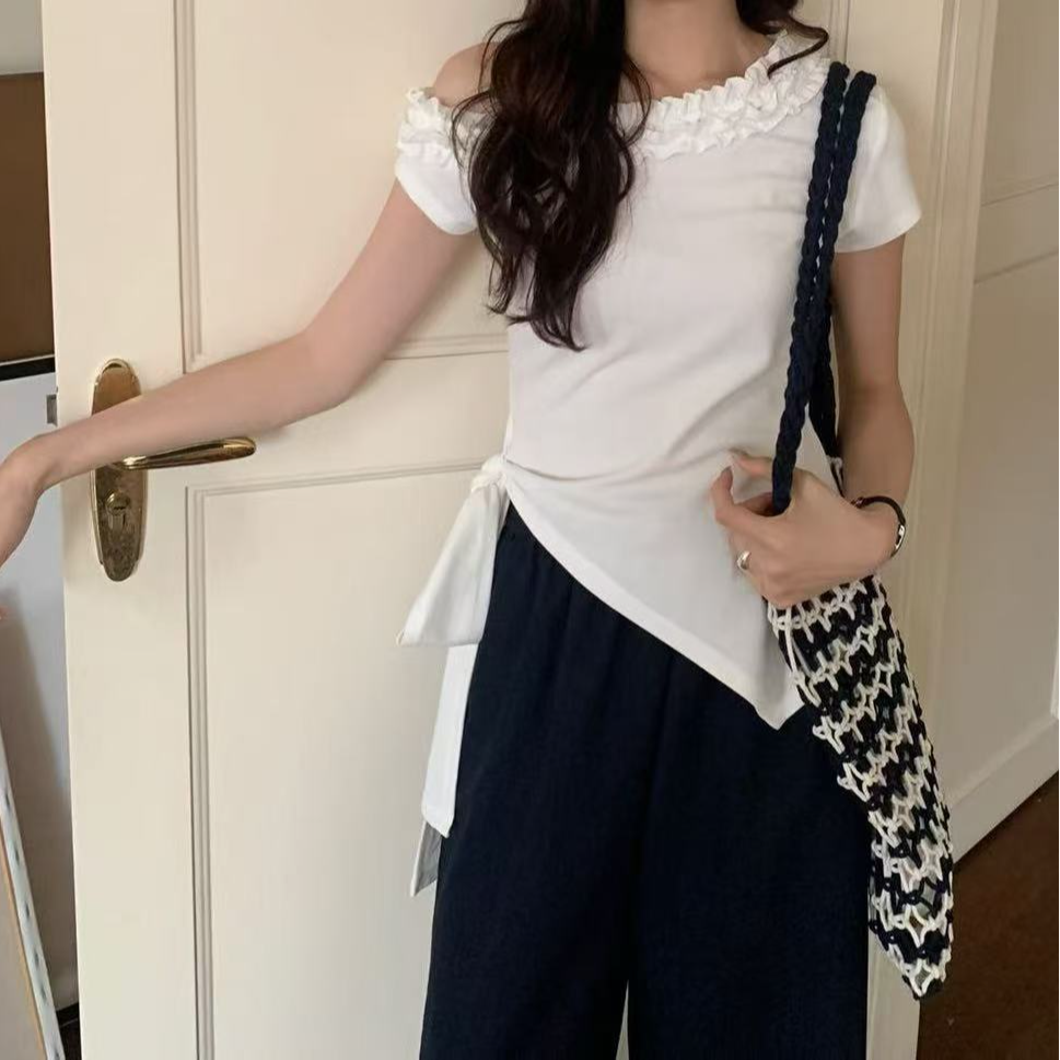 4122号13835#韩系纯色花边领侧绑带短袖上衣