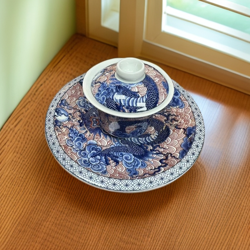 龙腾盛世三才盖碗茶具釉里红家用陶瓷大号青花珐琅彩龙纹家用