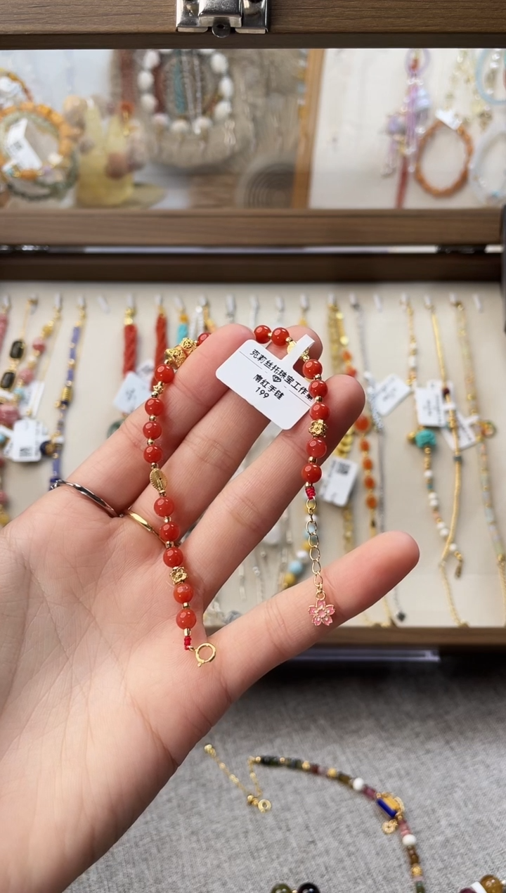 银S925镶嵌手链南红玛瑙君*南红圆珠手链