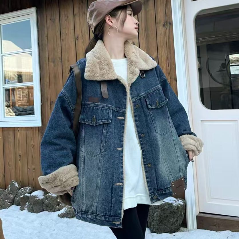 C33冬季新款韩系立领中长款牛仔外套女复古加绒加厚宽松派克服潮