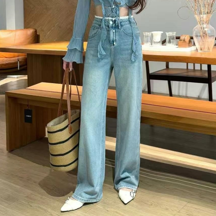 【裤博汇】3937春季蕾丝提花精致韩版冰肤柔面料高腰简约直筒牛仔裤