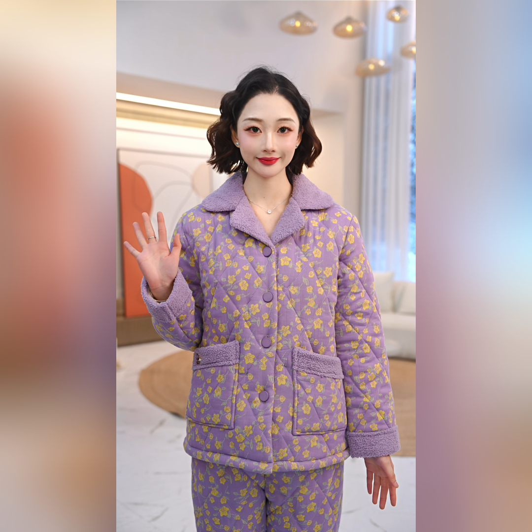 秋鹿梭织色织夹棉小碎花田园气质国民领女套保暖家居服