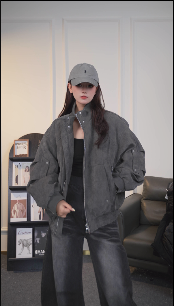 潮牌解构立领羽绒服男冬季美式痞帅宽松皮衣夹克高街百搭工装外套