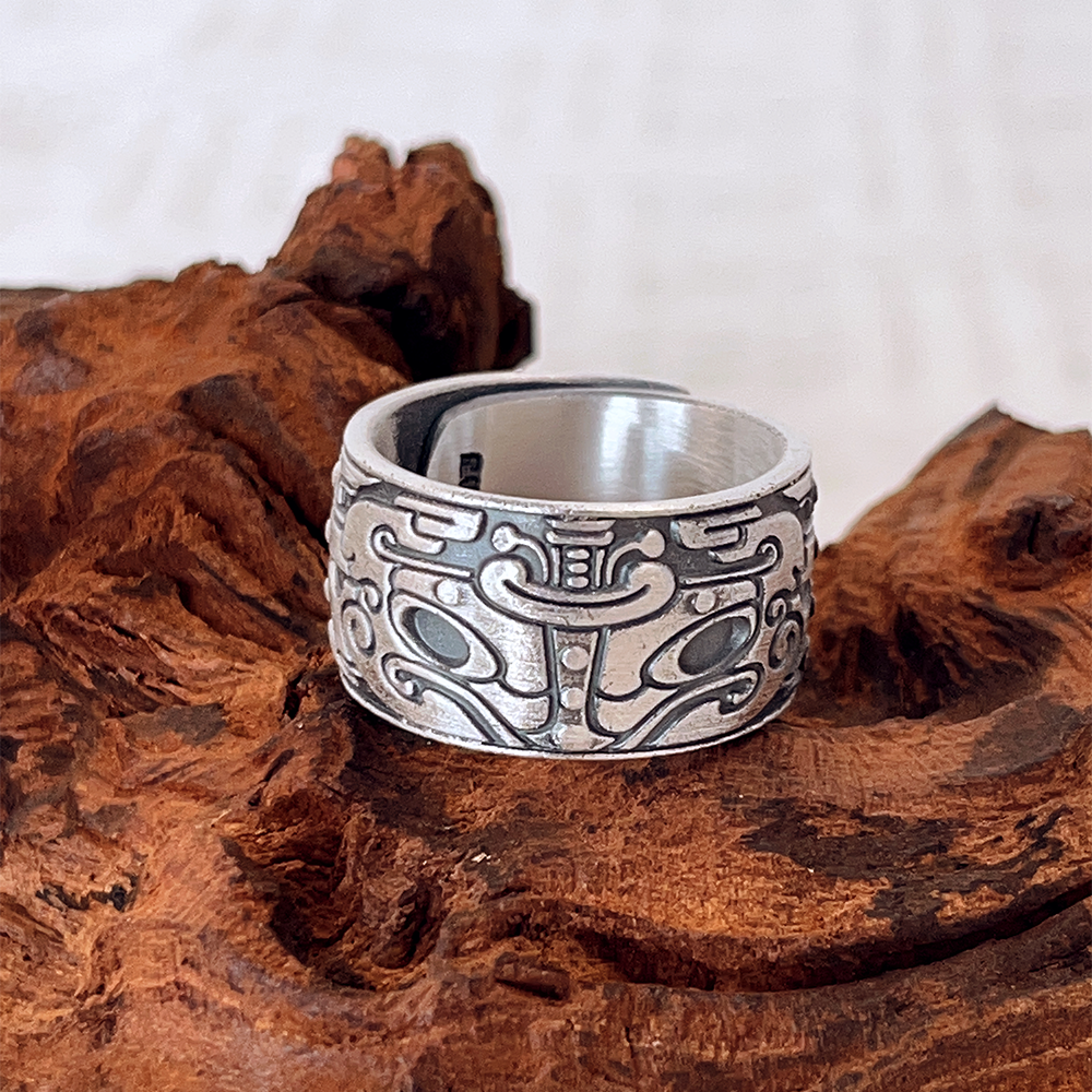 足银戒指 落霞银铺足银999饕餮戒指复古国风大面宽男女开口指环