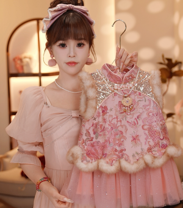 【Y.g5802】2025冬季新款套装裙女宝甜美加绒马甲连衣裙日常冬