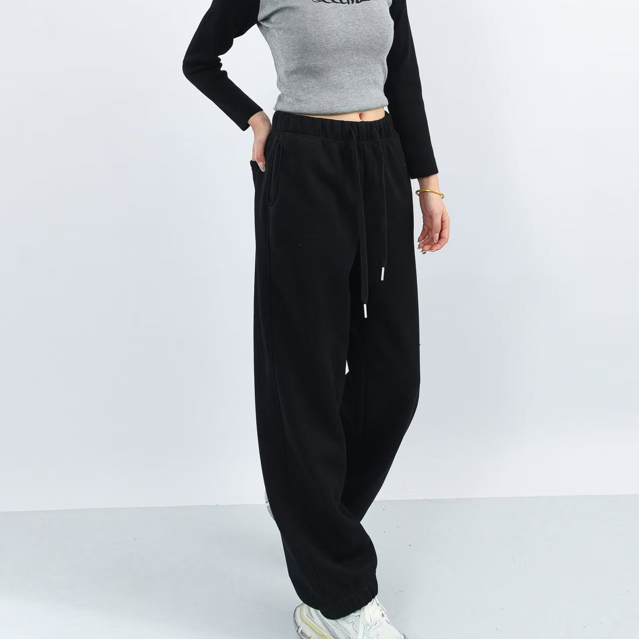 经典主义~花纱宽束脚休闲卫裤宽松慵懒松弛感加绒卫裤Y634