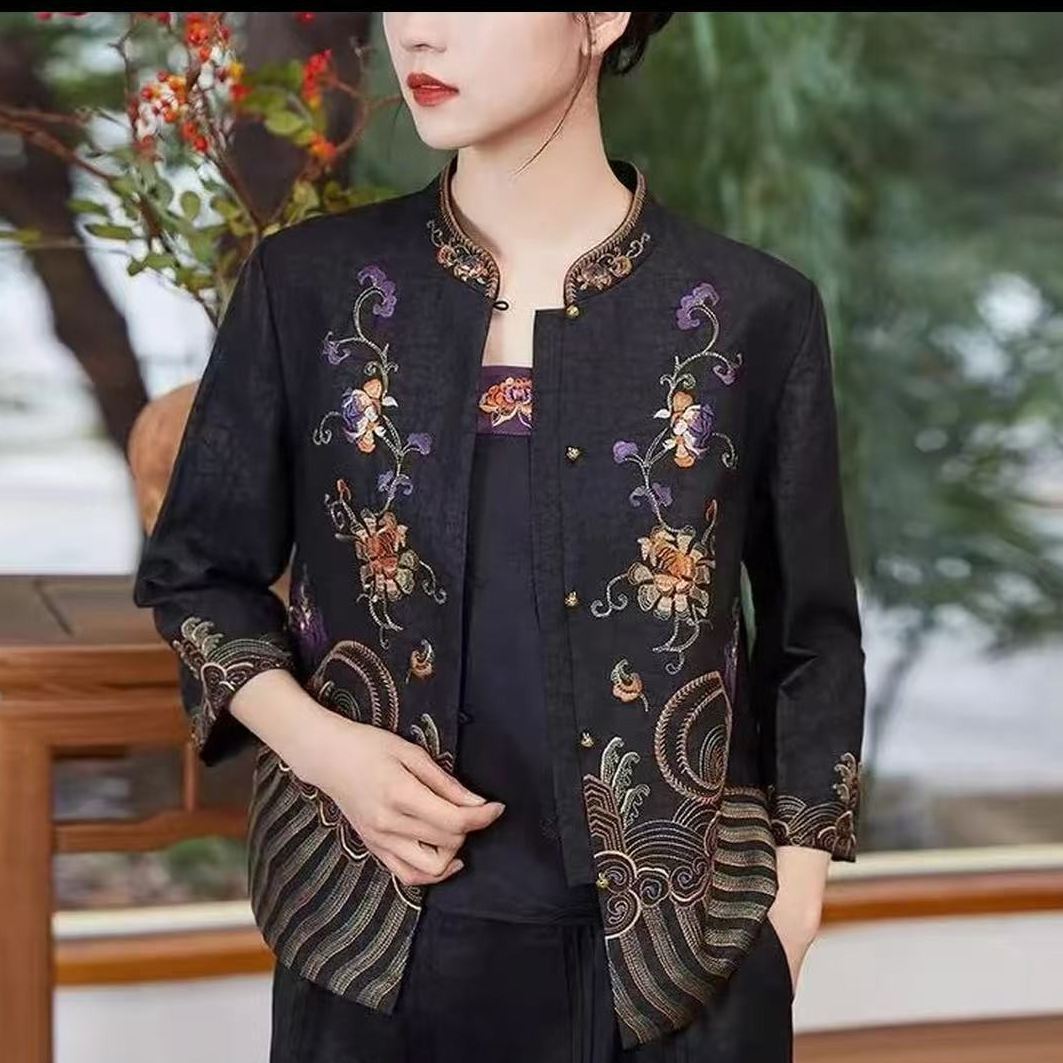 1608花舞外套妈妈装高贵新款妈妈装洋气收腰过膝法式