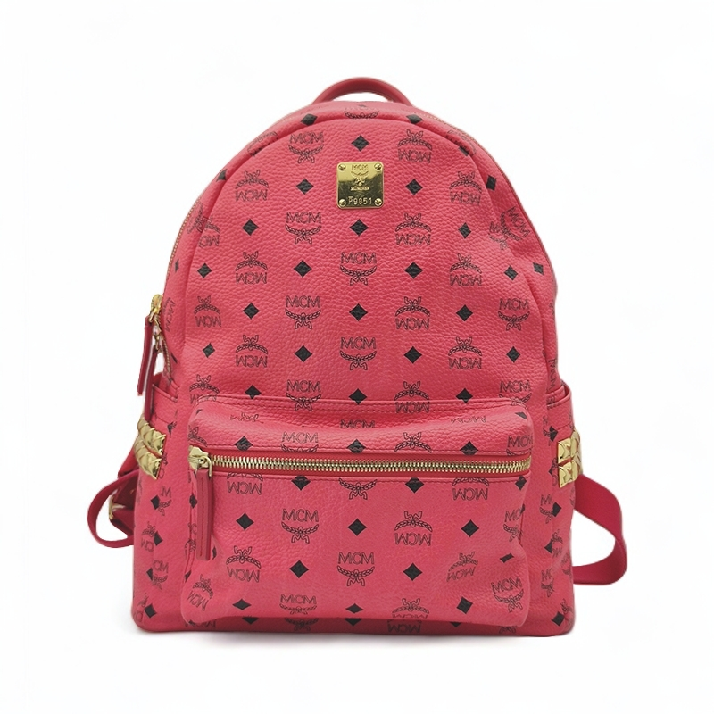 95新 MCM 玫红色中号涂层帆布印花双肩包