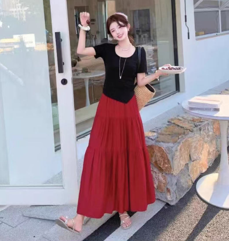 韩系时尚套装2025夏季新款不规则短袖t恤高腰半身裙两件套8866【9】