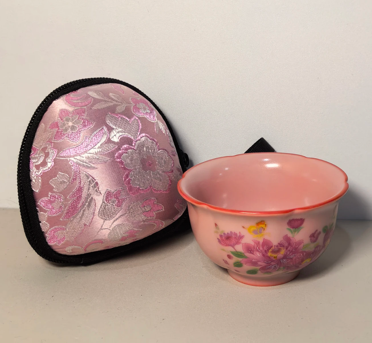 猪油冻粉红蝶恋花汝窑主人杯配收纳包1432