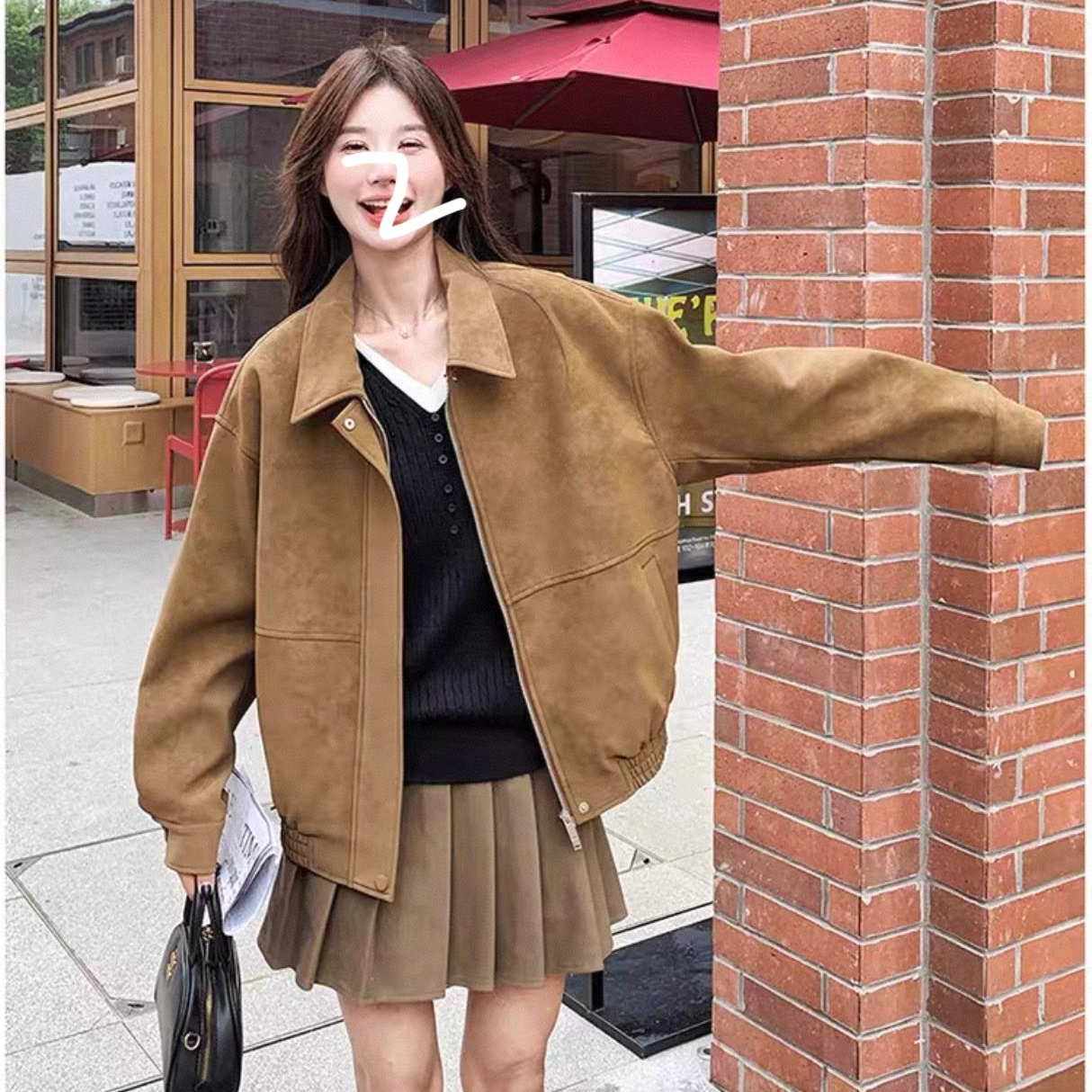 女2025秋季新款宽松翻领休闲百搭显瘦外套美式复古麂皮绒夹克衫潮