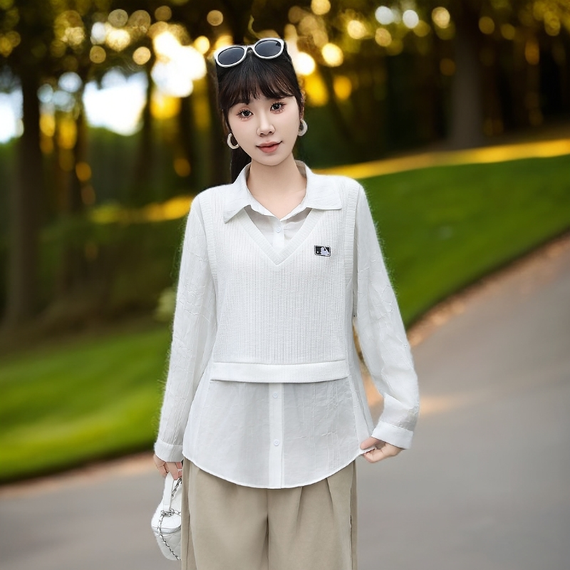 时尚假二件衬衣领上衣8007