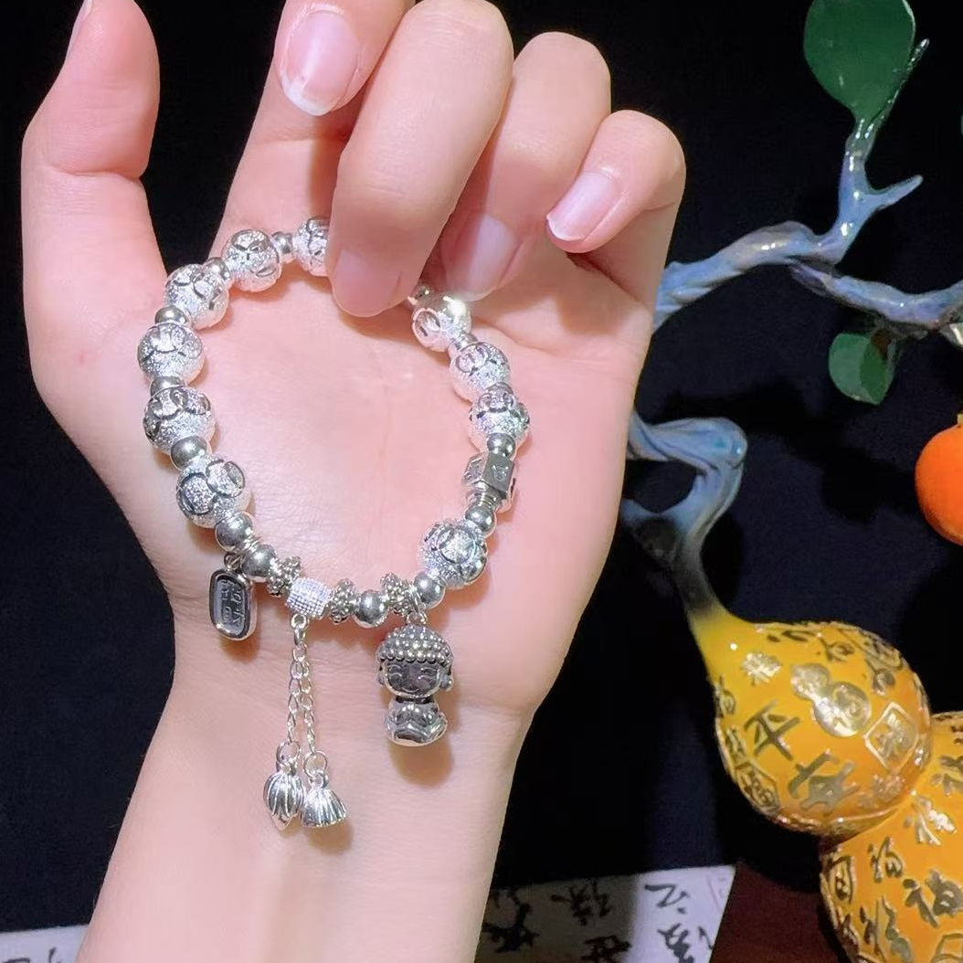 足银手链 足银宝宝佛开心佛百搭莲蓬莲花手链