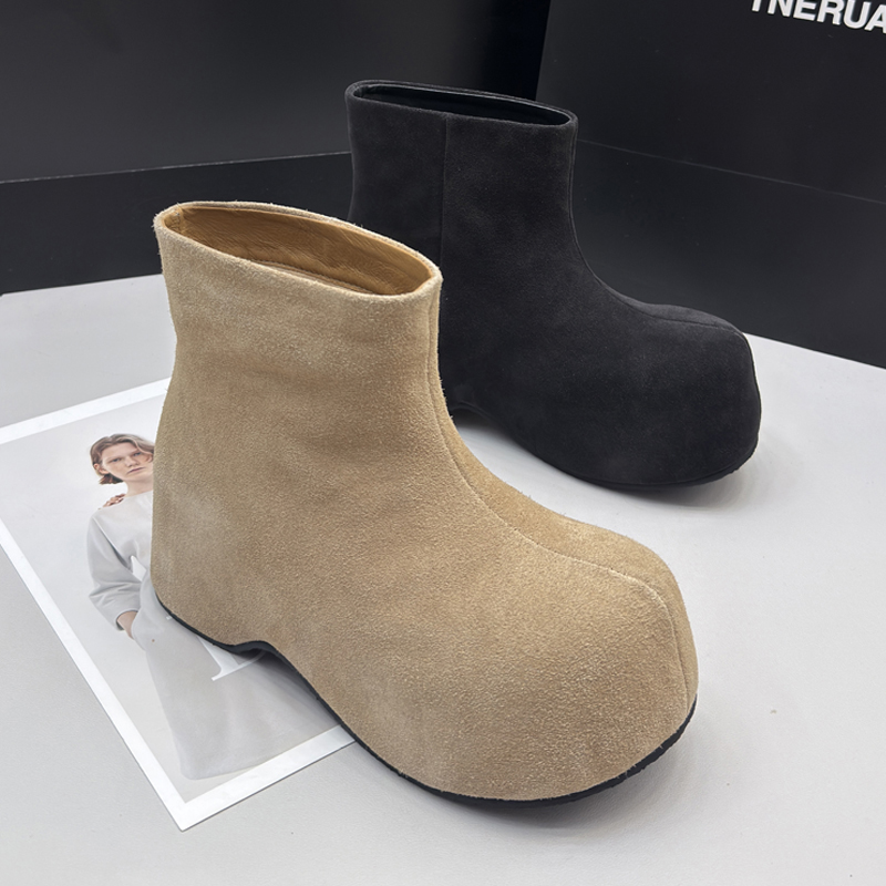 6916-7切尔西短靴女2024新款真皮内增高烟筒骑士靴大头马丁靴