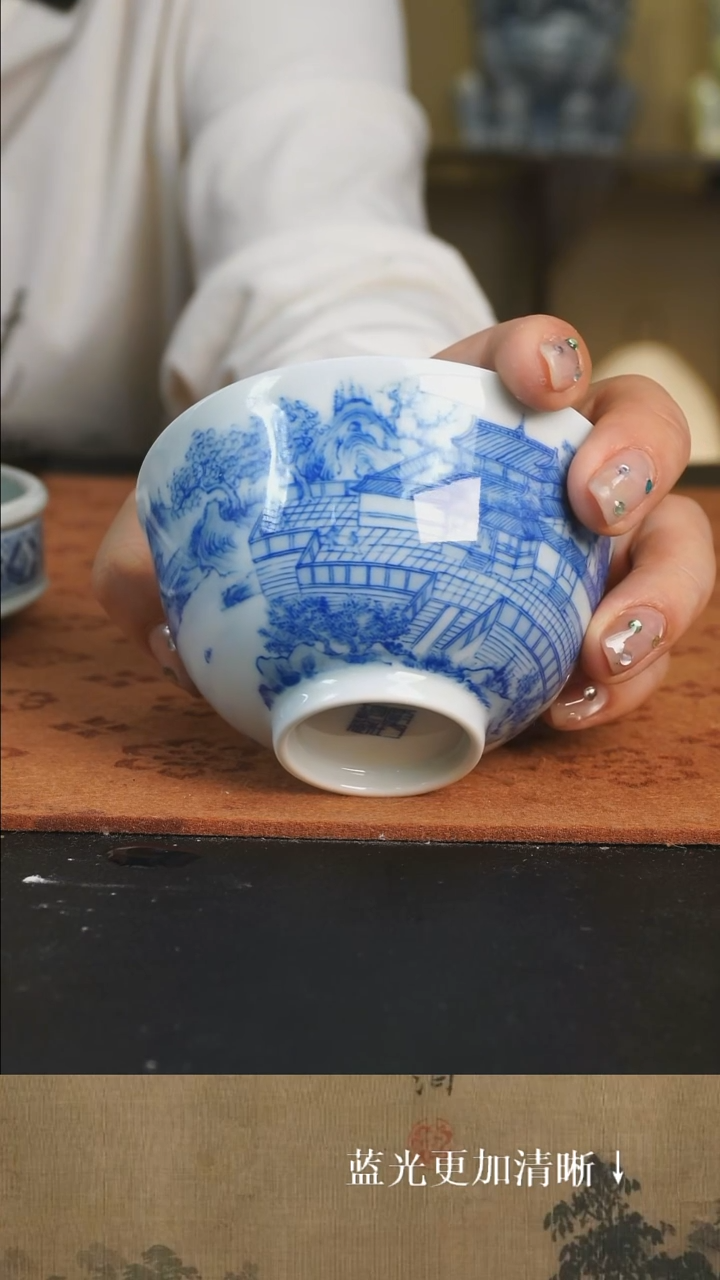 杯子景德镇 纯手绘 柴窑烧制 山水楼阁 杯子