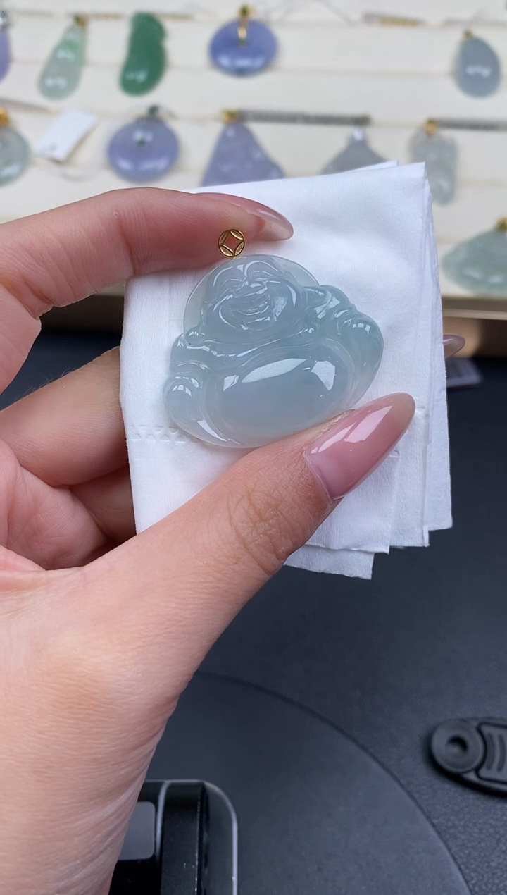 吊坠(不含链)18K金镶嵌翡翠佛公18K金扣镶嵌@@CMT5950