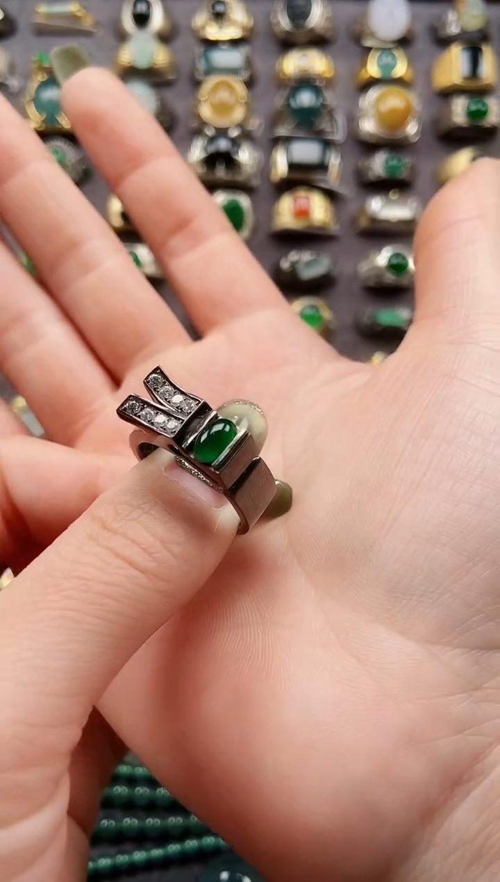 银S925镶嵌戒指翡翠心****7纯天然A货翡翠男戒