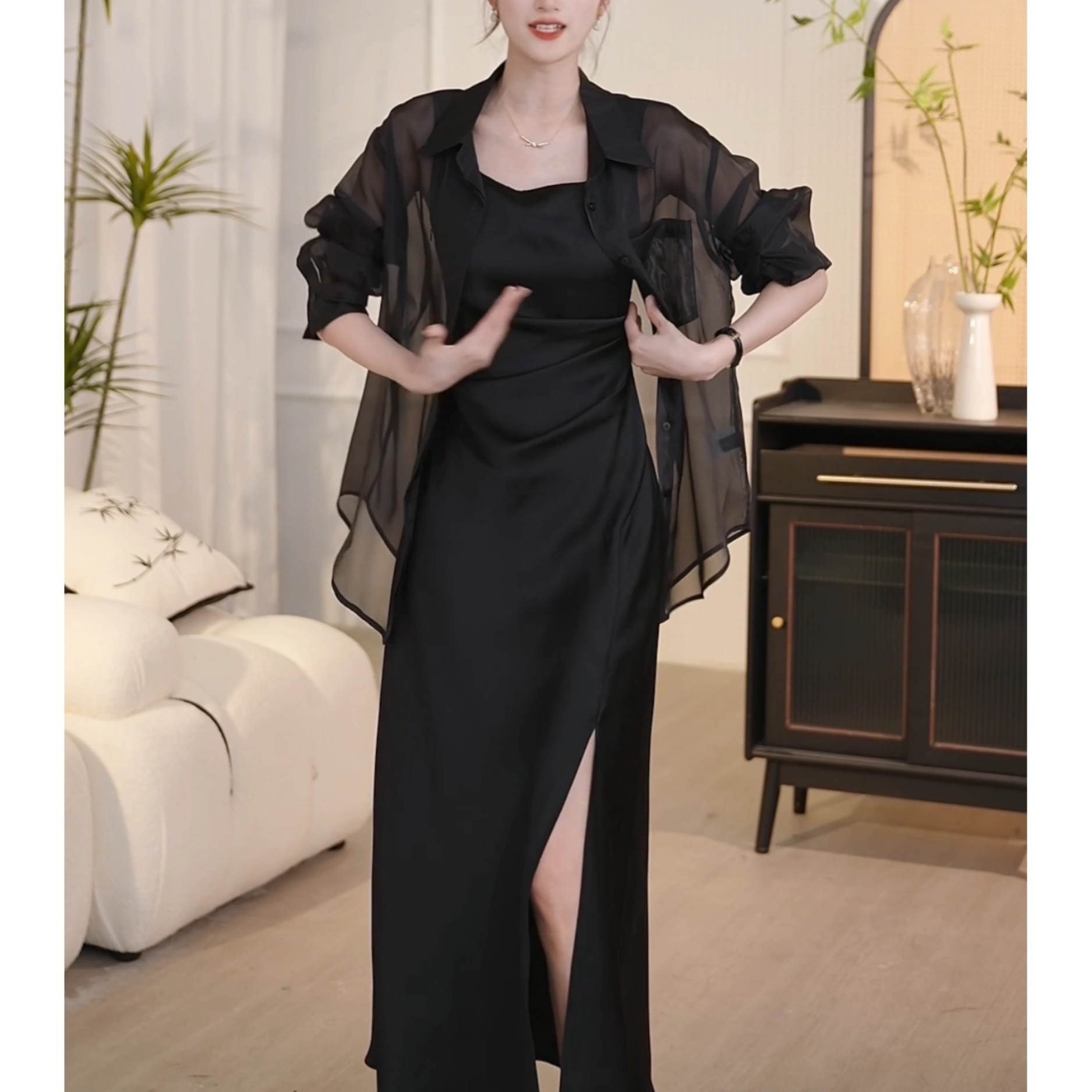 夏季轻奢设计师百搭气质时尚性感无袖连衣裙女缎面吊带背心长裙子