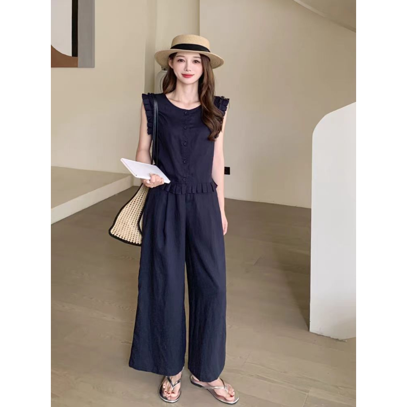 Y19931-夏时尚百搭圆领木耳边无袖马甲+阔腿裤两件套装女显瘦