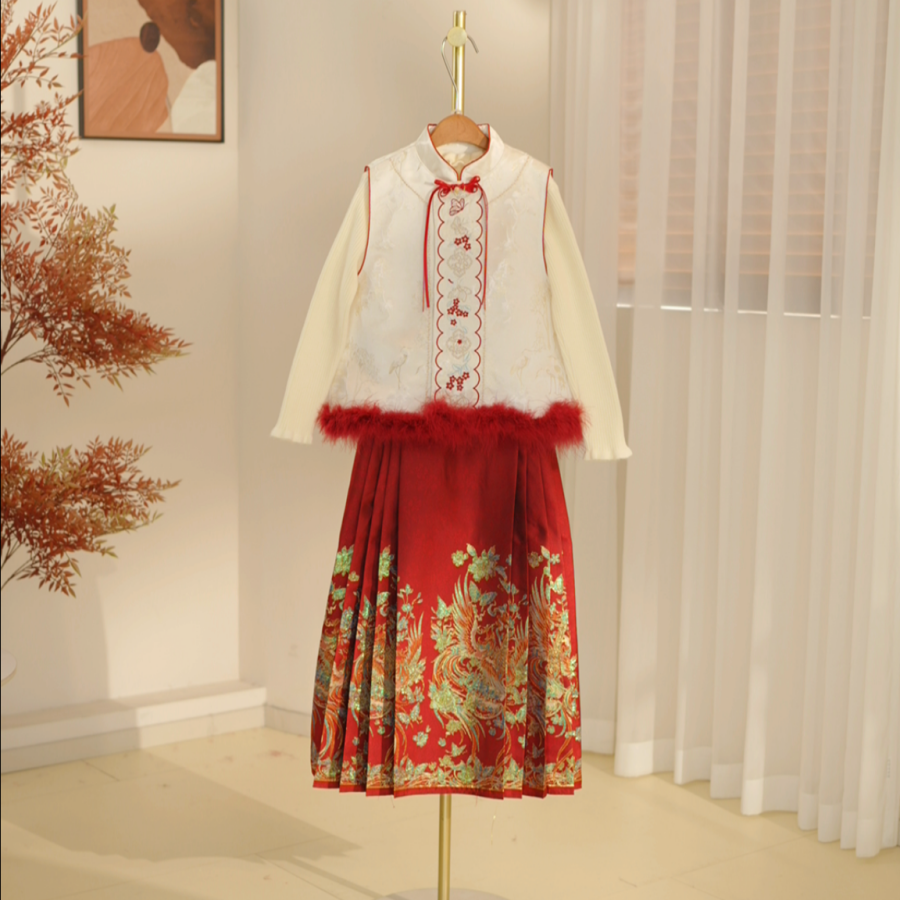 年服女大童马甲+针织衫+马面裙新中式大气国风三件套亲子装-SW869